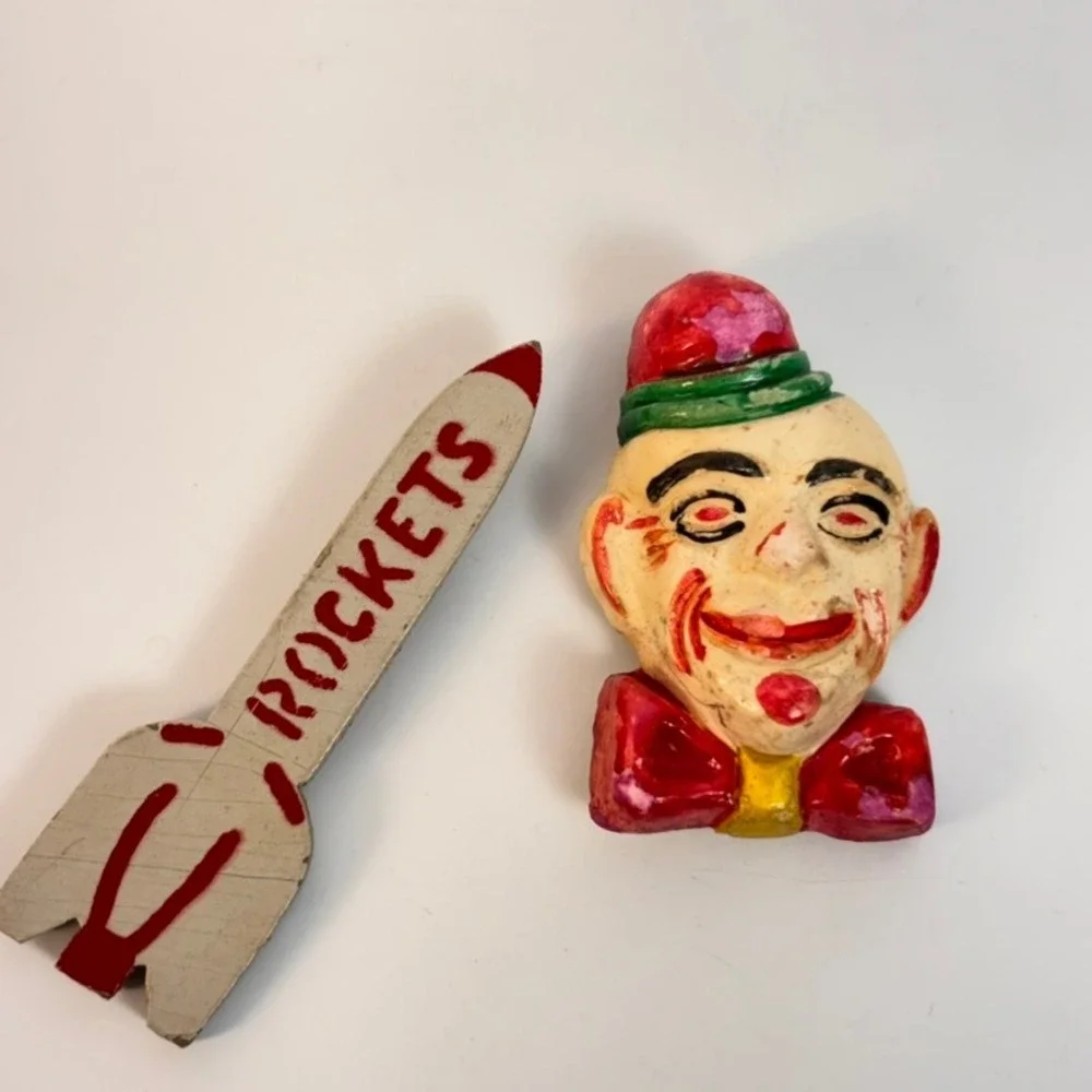 Vintage Pins Clown and Rocket Multicolor Weird Folk Art Kitsch 1950s Style Boho